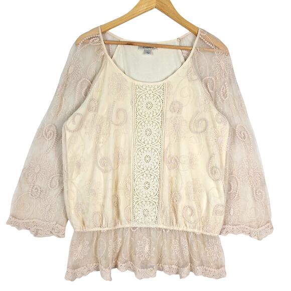 Womens Top Large Boho Chic Crochet Floral Sheer Fairy‎ Whimsical Feminine Dainty - Picture 1 of 7